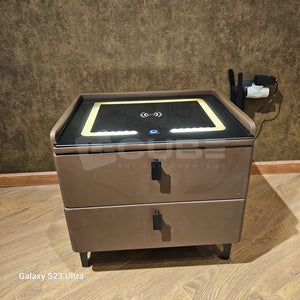 Table De Chevet Connectée Avec Roulettes - 2 Prises AC + 2 USB + LED RGB - Étroite Avec Tiroirs